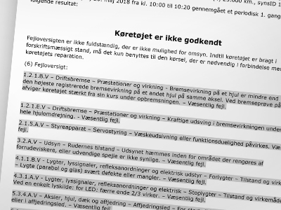 synsrapport siger køretøjet er ikke godkendt